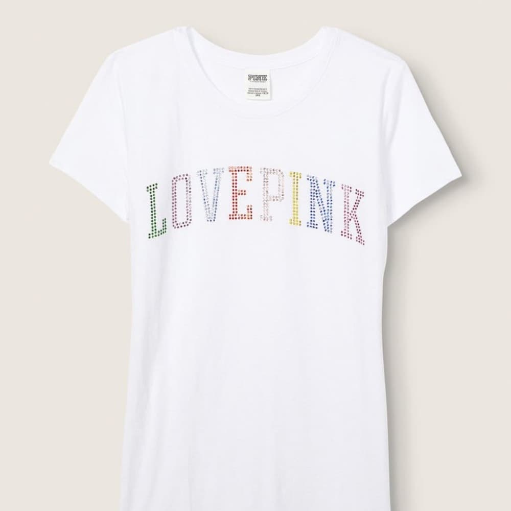 LOVE PINK Logo in Rainbow Rhinestones Perfect T-Shirt- Colorful Rainbow Letters