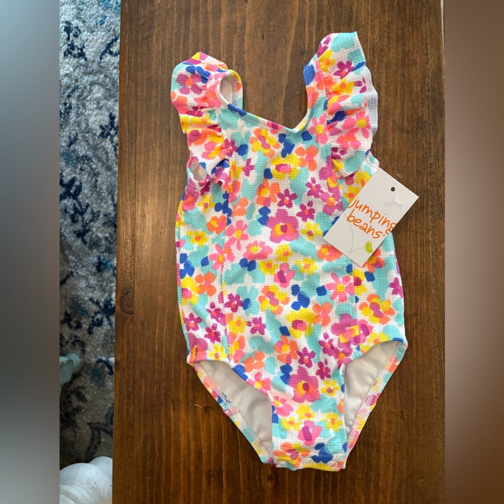 Jumping Beans Ribbed Ruffle Trimmed One Piece Swimsuit Toddler 18 months NWT