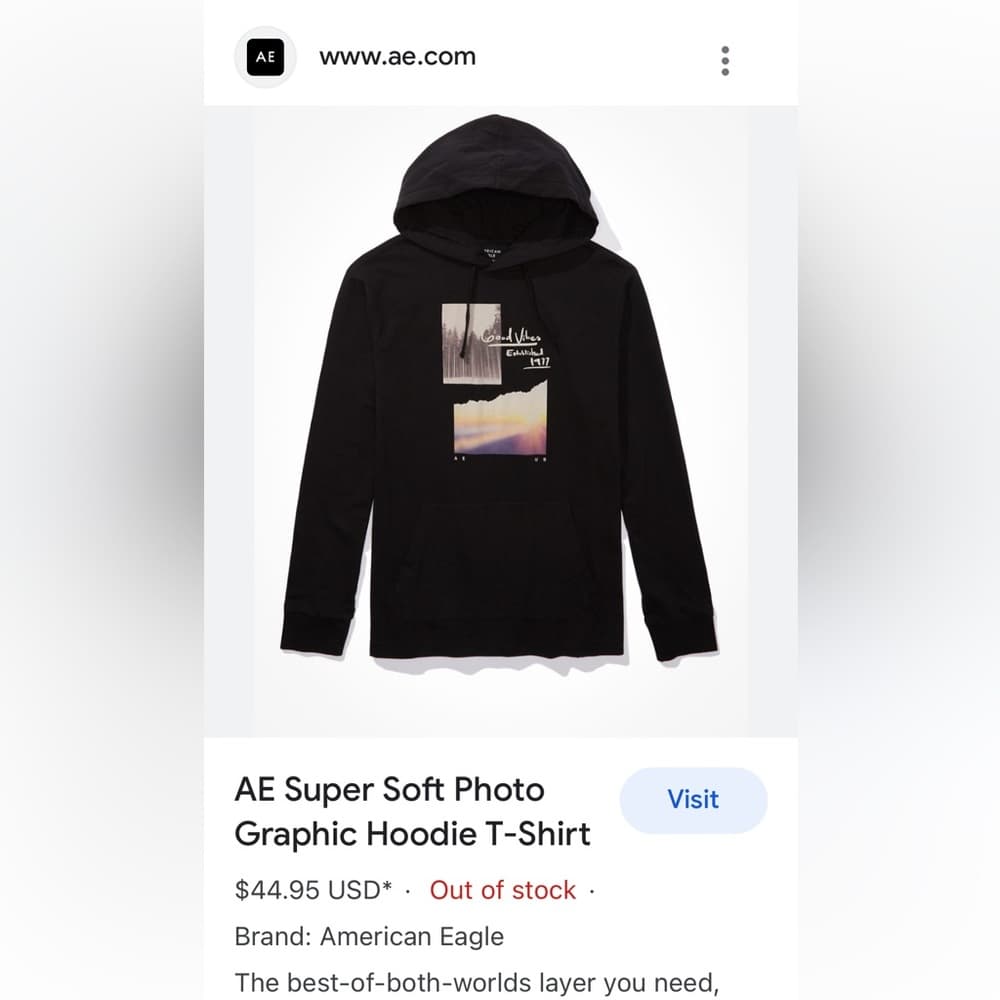 American Eagle AE Super Soft Photo Graphic Hoodie T-Shirt~ Black XXXL