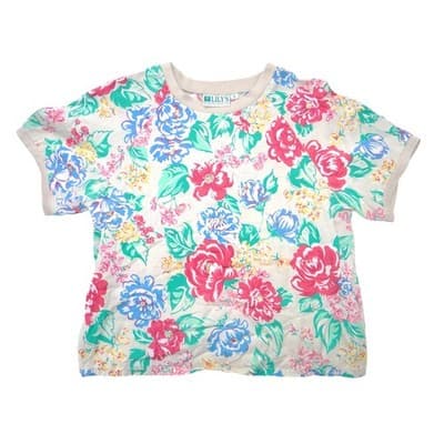 Vintage Lilys of Beverly Hills Floral Short Sleeve Top Cream Pink Blue Small
