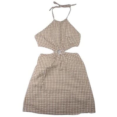 Tan White Gingham Halter Cutout Ring Detail Mini Dress