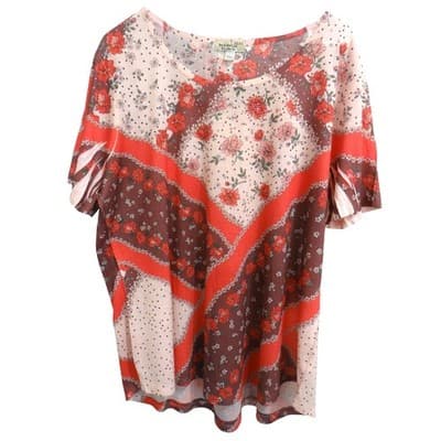 One World Womens Plus Size 2X Floral Print Rhinestone Short Sleeve Top
