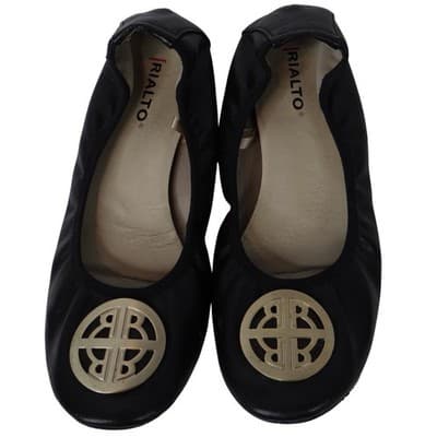 Rialto Black Leather Ballet Flats with Gold Logo Accent Women's Size 6.5