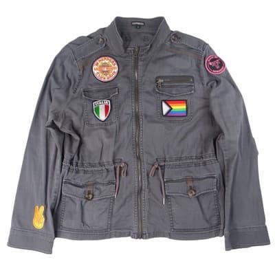 Express Gray Utility Jacket Women's Size L Patches Military Style
