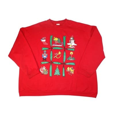 Nucleus Woman Red Christmas Graphic Sweatshirt Santa Nutcracker Snowman Bells