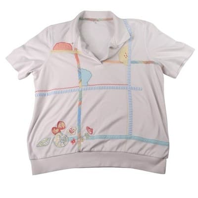 Vintage White Polo Shirt Colorful Geometric Print Women's Size Medium