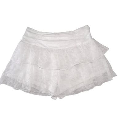 Womens White Floral Lace Tiered Ruffle Skort Side Zip Mini Skirt Shorts