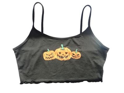 Black Women's Crop Tank Top with Halloween Pumpkin Print
