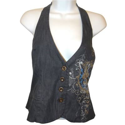 Y2k Womens Dark Wash Denim Halter Vest Fleur-de-lis Graphic Button Up Blue