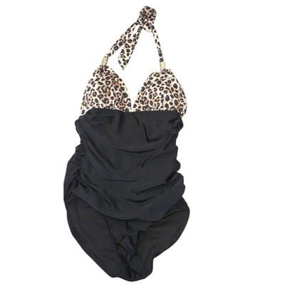 Unbranded Leopard Print Ruched Halter One Piece Swimsuit Black Brown Small