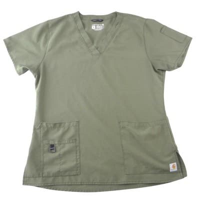 Carhartt Force Modern Fit Women Scrub Top Olive Green V-Neck Pocket Medium