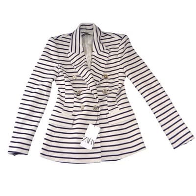 NWT-Zara Womens Navy White Striped Double Breasted Blazer Gold Buttons