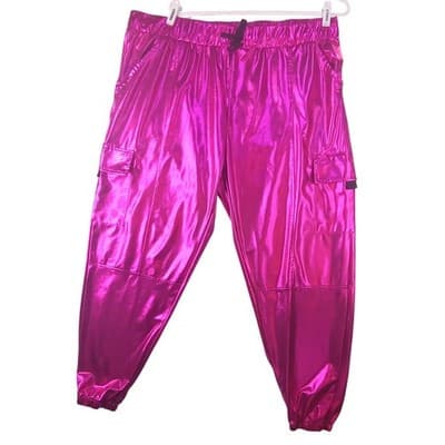 Womens Shiny Pink Cargo Joggers Metallic Shiny Pants Festival Rave