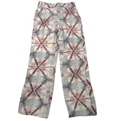 Pull&Bear Womens XS Geometric Tie Dye Wide Leg Pants Green Mauve High Rise Boho
