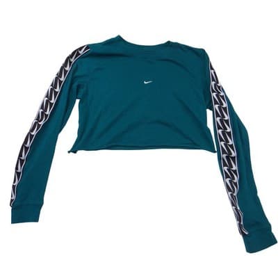 Nike Womens Long Sleeve Cropped T-Shirt Teal Green Logo Tape XS