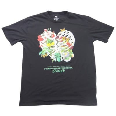 27Club Mens 2XL Black Graphic T-Shirt Broken Heart Rib Cage Floral Butterfly