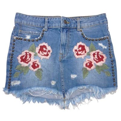 Free People Embroidered Rose Studded Distressed Denim Mini Skirt Blue Size 26