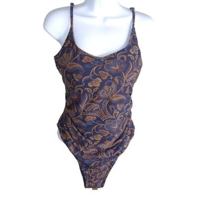 Womens Blue Gold Floral Paisley Ruched One Piece Swimsuit Open Back Keyhole L