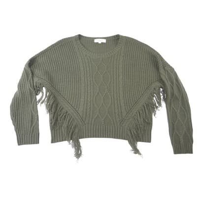 No Comment Womens Olive Green Cable Knit Fringe Sweater Crew Neck Pullover L