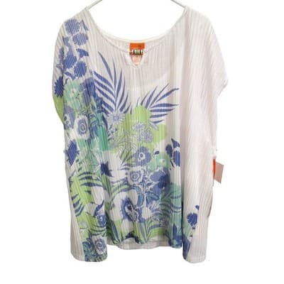New w Tag Hearts of Palm Woman Blue Genie Top Tunic 3X Floral Tropical V-Neck