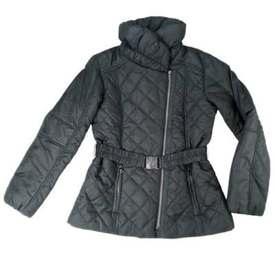 NWT Vintage Black Quilted Belted Puffer Jacket Stand Collar Full Zip Women's M