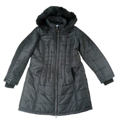 NWT Vintage Womens Black Quilted Long Coat Removable Hood Faux Fur Trim Medium