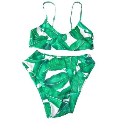 Unbranded Tropical Banana Leaf Print High Waisted Bikini Set Green White Medium
