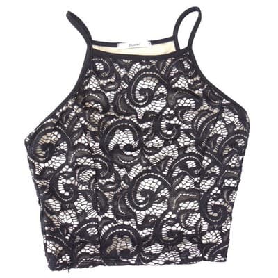 Papaya Womens Black Floral Lace High Neck Crop Top Spaghetti Strap Medium
