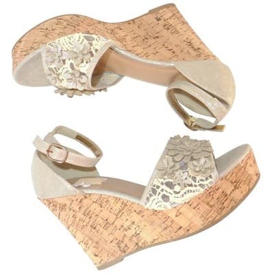 Bamboo Womens Champagne Gold Floral Lace Cork Wedge Platform Sandals Size 10
