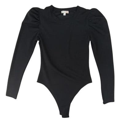 Black Puff Sleeve Ribbed Bodysuit Long Sleeve Thong Snap Closure Women