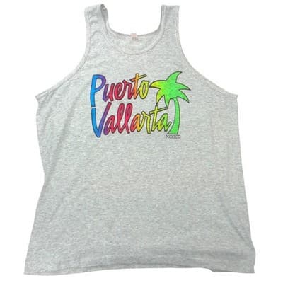 San Jorge Puerto Vallarta Mexico Tank Top Heather Gray Rainbow Palm Tree Sz 50