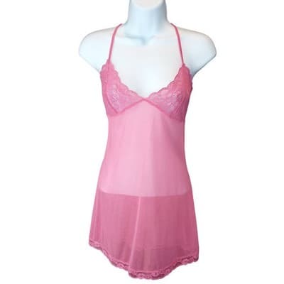 Victoria's Secret Pink Lace Trim Sheer Babydoll Chemise Lingerie Size M