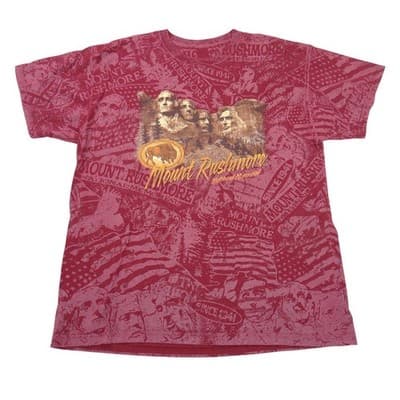 Vintage All-Over Graphic Mount Rushmore National Memorial TShirt Burgundy Men XL