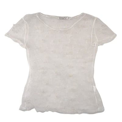 Colorful White Sheer Lace Mesh Bow Pearl Top Short Sleeve Scoop Neck Womens S/M