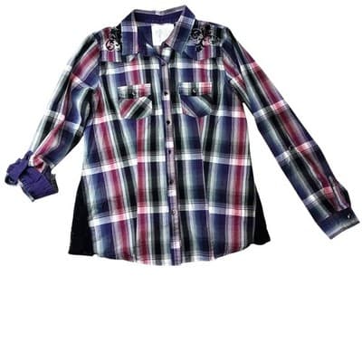 Y2K Maurice's Plaid Shirt Rhinestone Embellished Lace Western Style Women's Med