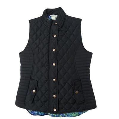 VTG Caribbean Joe Quilted Vest Black Blue Floral Lining Stand Collar Pockets M