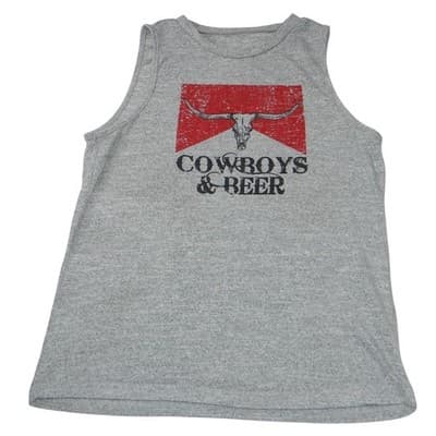 Gray Tank Top Cow Skull & Beer Graphic Sleeveless Women's M