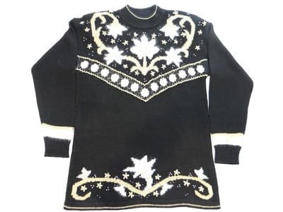 Black Women's Long Sleeve Sweater with White and Gold Floral Pattern