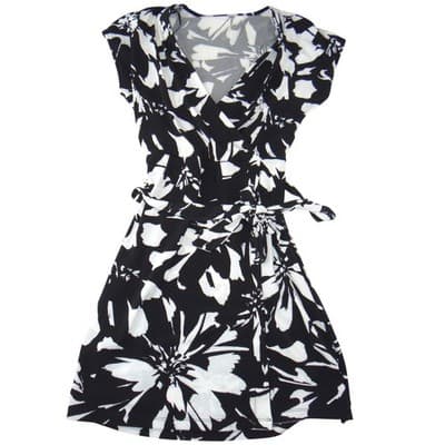 Nine West Womens Black White Floral Faux Wrap Dress V-Neck Short Sleeve Small