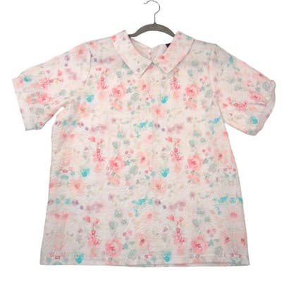 VTG Floral Peter Pan Collar Blouse Short Sleeve Pastel Watercolor Textured Top L