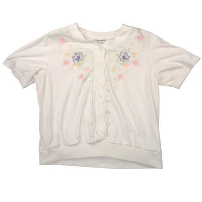 VTG Alfred Dunner Women White Floral Embroidered Button Front Short Sleeve Top L