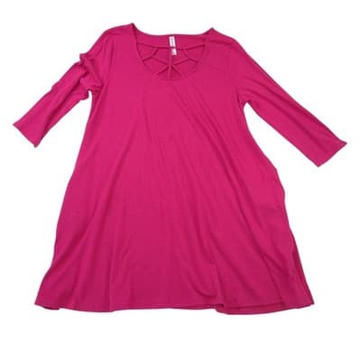 Zenana Premium Magenta Pink Lattice Neck Tunic Top 3/4 Sleeve Pockets 1X
