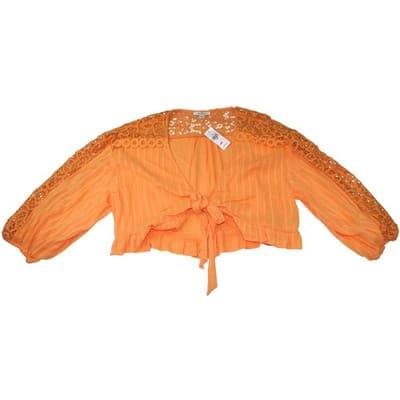 NWT-American Eagle Orange Lace Trim Tie Front Blouse Cropped Textured Size XL