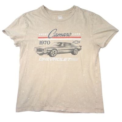 GM Official Licensed Chevrolet Camaro 1970 Sport Cars T Shirt Womens Small Beige