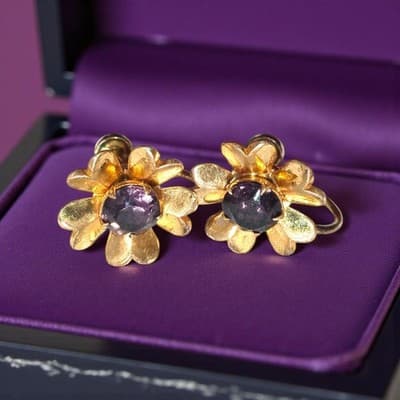 Vintage Gold Flower Shaped Earrings with Purple Gemstone Center