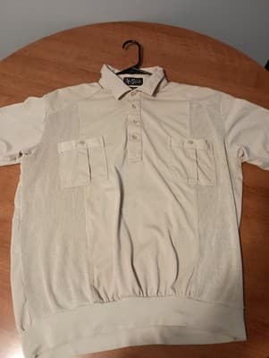 Vintage Alan Stuart Polo Shirt Mens XL Beige Double Pocket Knit Waistband 90s