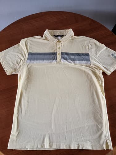 Travis Mathew Polo Shirt Men's XL Yellow Grey Stripes Pima Cotton Golf Stretch