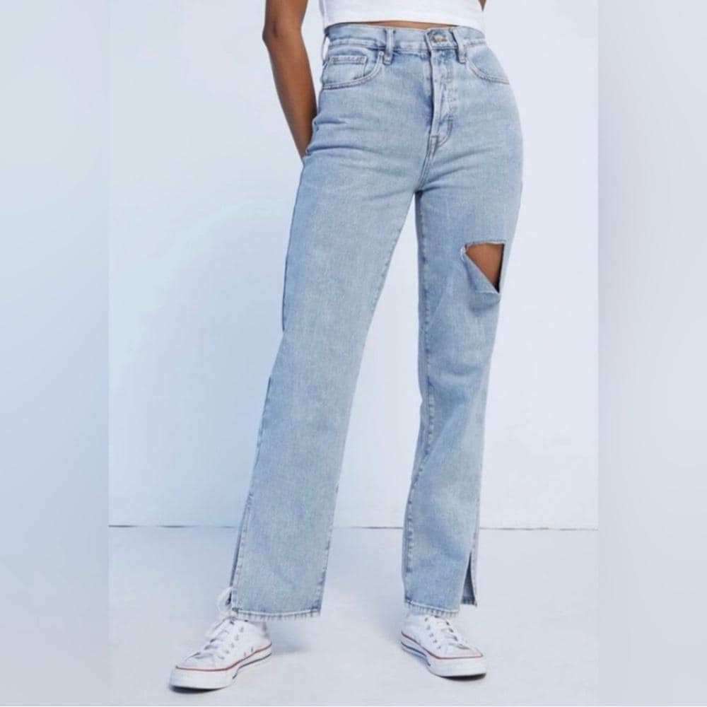 PacSun Ripped Split Dad Jeans~ Med Indigo Light Blue~ Distressed Rip Button Fly