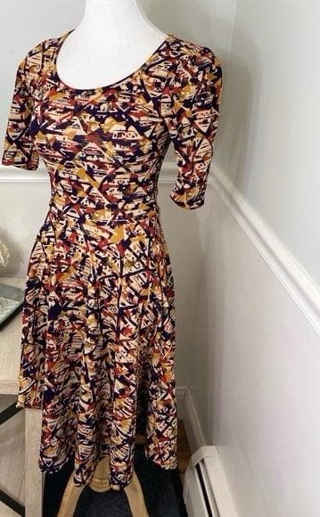 LuLaRoe Nicole Dress Rust Mustard Aztec Print Medium (10-12)