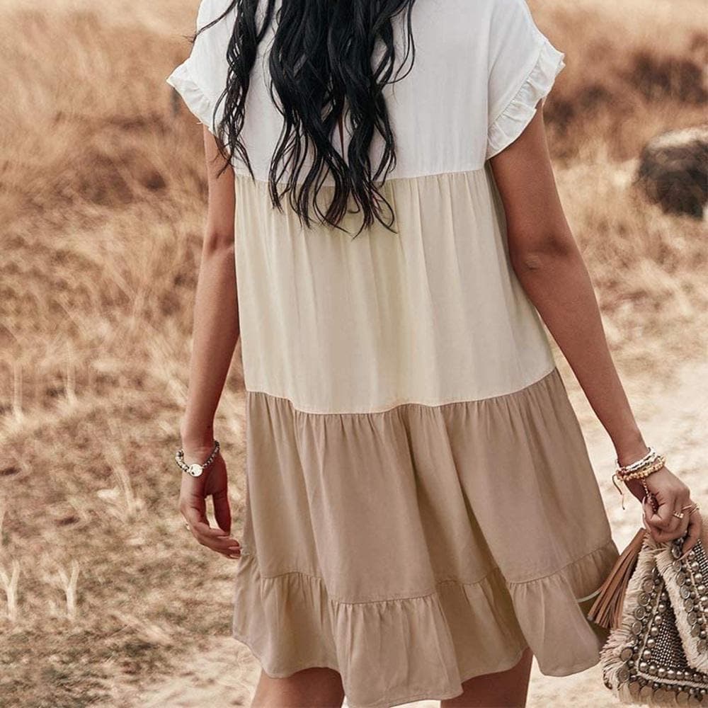 Khaki Boho Babydoll Dress- Colorblock & Ruffles